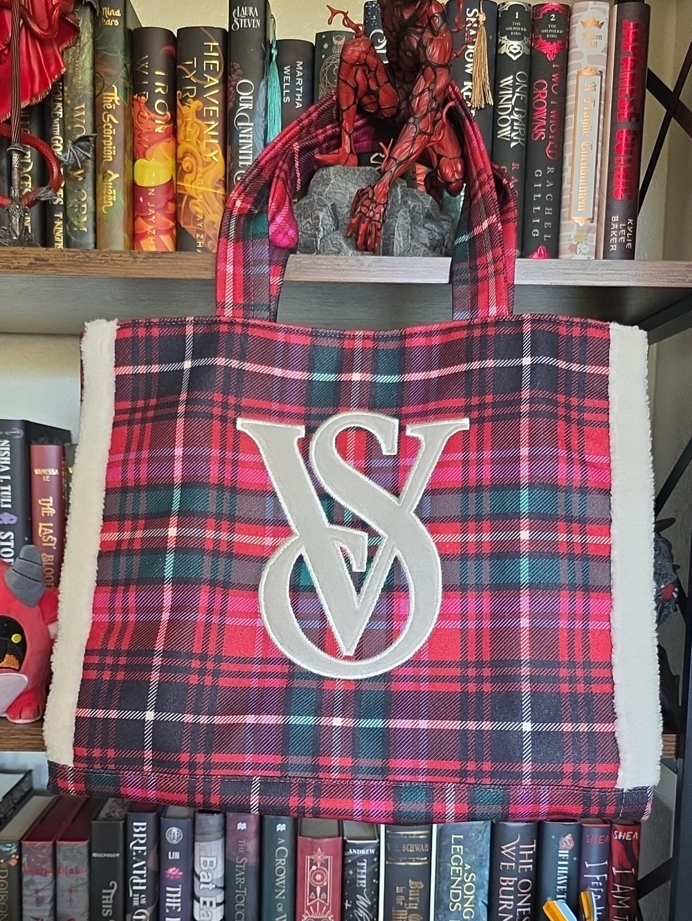 Victotia's Secret ChristmasPlaid Tote Bag with Embroidered Monogram - Red/Tartan